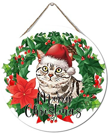 Holzschild mit Katze mit Hut und Kranz, Geschenk für Katzenliebhaber, Katze mit Stechpalmen-Kranz, rustikales Holzschild, rustikales Holzschild, personalisiertes Holzschild, Geschäft, Salon, 30,5 x