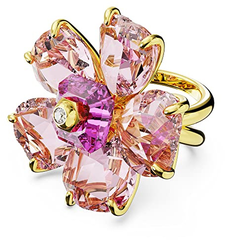 Swarovski Idyllia Kollektion Cocktailring, Rosa Blütenblatt-Schliff Kristallmotiv mit weißer Zirkonia in Goldfarbener Fassung