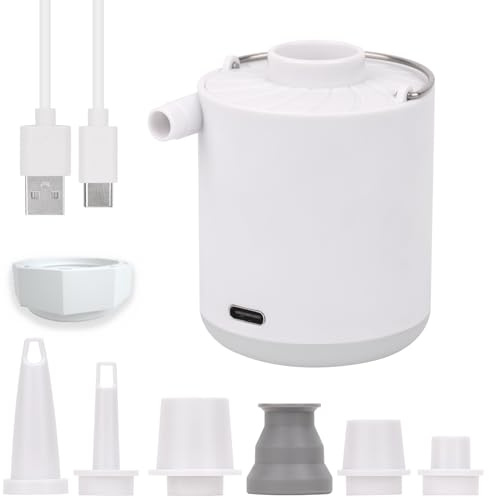 XINBAOHONG Electric Air Pump, Air Bed Pump with 6 Nozzles, 1600mAh Battery Type-C Rechargeable, Ideal Inflator/Deflator Pumps Camping, Inflatable Cushions, Air Mattress Beds, Boats, Swim Ring, White