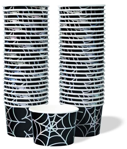 Paper Ice Cream Cups, 50-Count 250ml Disposable Dessert Bowls for Hot or Cold Food, 250ml Halloween Party Supplies Treat Cups, Spider Web, Black