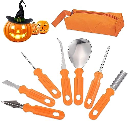 Clvsyh 7Pcs Halloween Kürbis Schnitzset, Kürbis Schnitzwerkzeuge mit Aufbewahrungstasche, Edelstahl Professionelles KüRbis Schnitz Tool Kit,DIY Kürbis Schnitzmesser für Halloween Dekoration