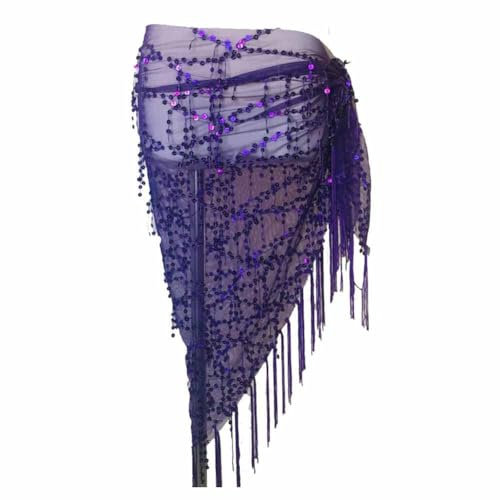 SHTGOI Fransenrock Bauchtanz Rock mit Pailletten Dreiecke Wickelröcke Hüfttuch Glitzer Rave Fransen Rock Bauchtanz Gürtel Hüftwickelschal Rave-Outfit für Damen Samba Tango Lumba Kostüm Lila