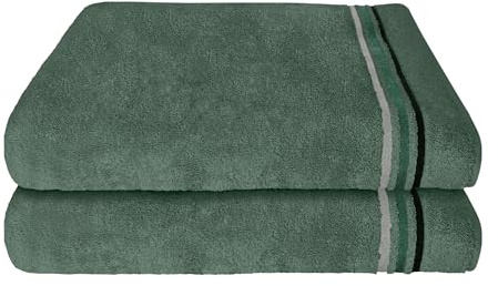 Schiesser Badetuch | 2er Set | 100% Baumwolle | Dunkelgrün | Streifenbordüre | 70x140 cm | flauschig & saugstark | sorgfältig eingenähter Kordelaufhänger | OEKO-TEX® MADE IN GREEN