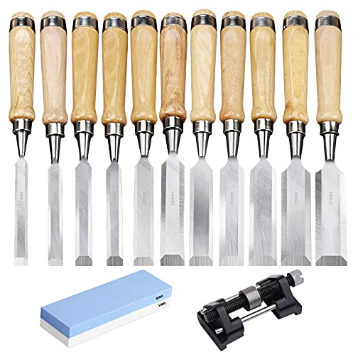 Gravur 11-teiliges Holzmeißel-Set, Chrom-Vanadium-Stahl und Massivholzgriff, Holzbearbeitungs-Schnitzwerkzeug-Set mit Honführung und Schärfstein für Zimmerei, Holzbearbeitung, Schnitzen (Größe: 11 S