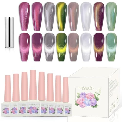 ADHERE 8pcs of 12ml Cat Eye Gel Polish Magnet Set - Purple Grey Green White Magnetic Gel Nail Varnish Glitter Shimmering Sparkle Nail Art with Magnetic Effects Cat Eye Nail Gel Polish
