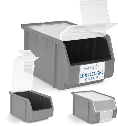 HMH Stapelboxen der Größe M 230x150x130mm für dein Kleinteilelager Sichtlagerkästen in 5 Farben Zubehör wie Deckel Trennsteg Etikett Wandschiene Sortierkisten (Deckel, 10 Stück)