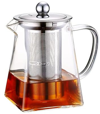 Glass Teapots with Infuser, Tea Pot with Strainer for Loose Leaf Tea, Clear Borosilicate Glass Teapot, Small Square Teapot for One, Gifts for Tea Lovers, 600ml/20oz