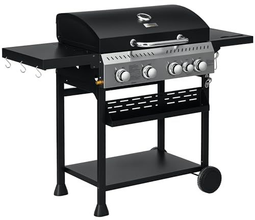 Outsunny Barbecue à gaz 4+1, barbecue au gaz propane 12,5 kW chariot de BBQ avec roulettes, grille chauffante, étagères, thermomètre, décapsuleur, noir