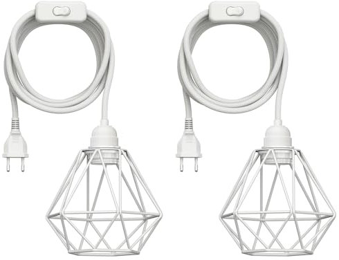 ledscom.de 2 Stück Käfig-Leuchte, weiß, 155mm Ø, Textilkabel LEKA, weiß, Stecker, Schalter und E27 Fassung, 3 m