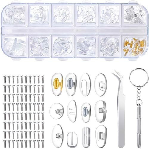 VYZUTR Brillen Nasenpads Brillen Reparatur Set mit 80 Schrauben Pinzette Kleiner Schraubendreher für Brillen Lesebrillen 12 Stile 60 Paar