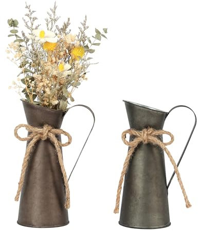 WELTOKE 2 Stück Vintage Deko Metall Blumenvase Set, Retro Deko Milchkanne, Rustikale Deko Blumentopf im Shabby Chic Vintage, Landhausstil Vase für Hochzeitsdeko/Garten Tischdeko Wohnzimmer & Balkon