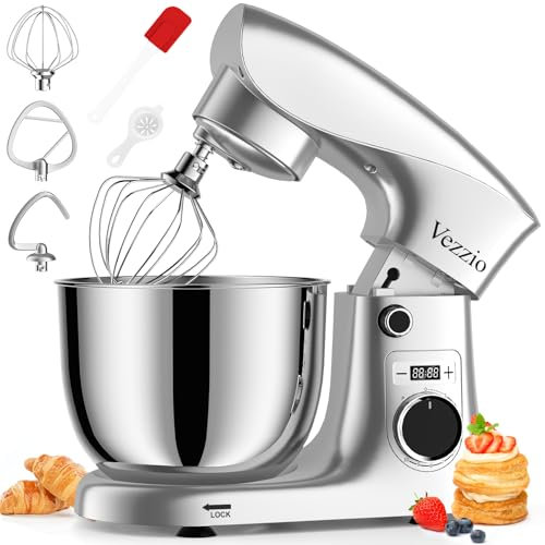 Vezzio Small Stand Mixer,1500W 10-Speed Food Mixers For Baking, 5.5L Dough Mixer,Easy to use and Lightweight,Food Mixer For Baking,Cake And Most Home Cooks(Silver)