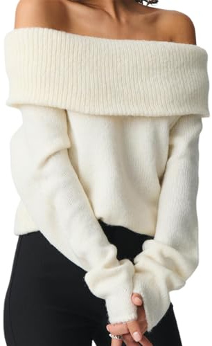 Felcia Women's Off Shoulder Ribbed Knit Tops Elegant Long Sleeve Stretchy Slim Fit Sweater Tops Aesthetic Clothes (B-White, S)