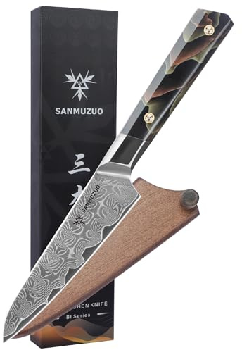 SANMUZUO Couteau utilitaire 13 cm, couteau de chef professionnel, acier Damas ultra tranchant avec manche en résine pleine soie, série BI