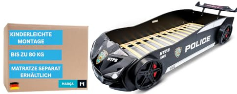 MARQA Kinderbett |Autobett |Jugendbett 90x200 | Rennwagenbett |Polizeiautobett inkl.Rollrost (inkl.mit 18 cm Matratze, Schwarz babybett)