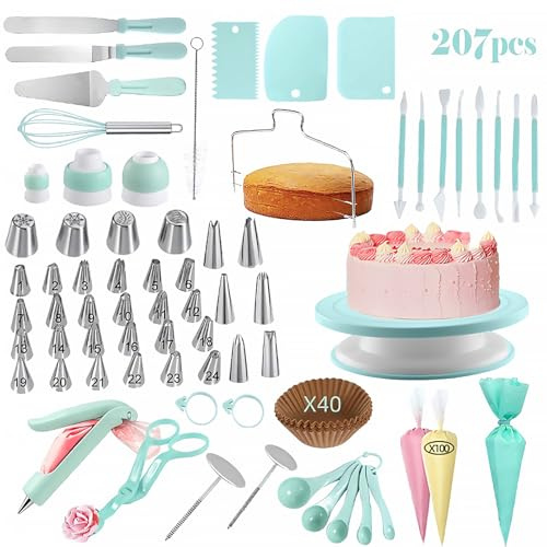 Backzubehör, Torten Kuchen Zubehör Torten Set Cake Stand Torten Zubehör Set Spritztüllen Set Backset für Anfänger und Profis Tortenplatte Drehbar Drehteller Torte Backen Grün