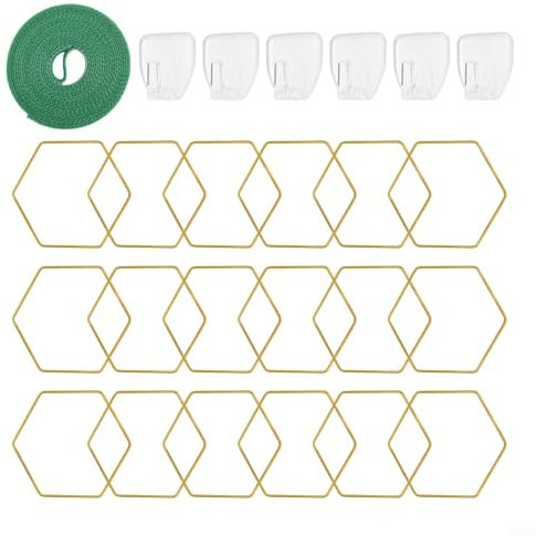 RichVibe DIY Hexagonal Chain Trellis Set 18 Pcs For Climbing Plants Indoor Outdoor Garden Decor With Hooks Straps Gold Metal