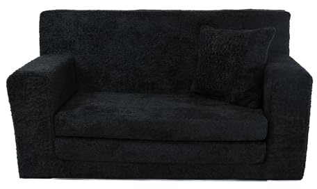 FORTISLINE Kindersofa aus Teddy-Stoff, ausklappbar, 83x43x47 cm, Kindercouch aus Schaumstoff mit abnehmbarem Bezug, Oeko-TEX, hergestellt in der EU, Schwarz
