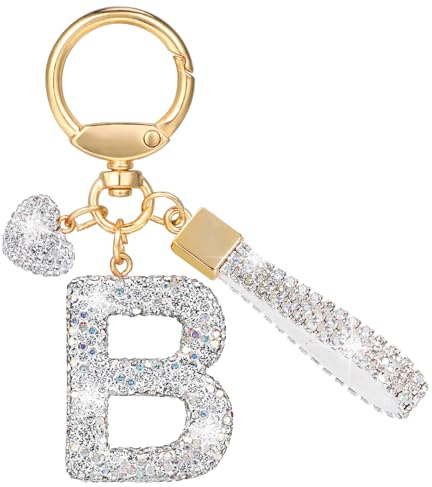 MWOOT Schlüsselanhänger Buchstabe Glitter Rhinestone, Keychain Silvery mit Namen Cute Car Keychain, Auto Schlüsselanhänger Tasche Anhänger Handbag Charms Accessories Keyring Geburtstag for Frau(B)