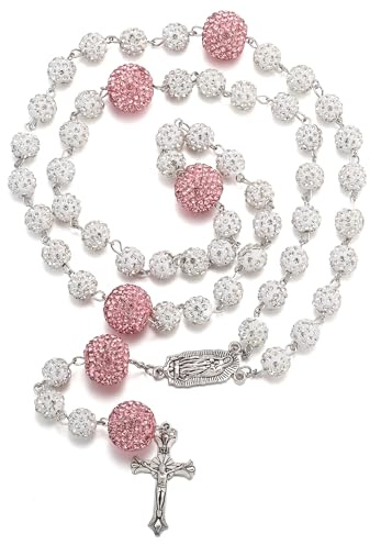 RWQIAN Rosario Perline Donne Cattoliche Uomo,Rosario Bling Perline Collana con Croce Pendente Prima Santa Comunione Battesimo Regalo per Ragazze Ragazzi
