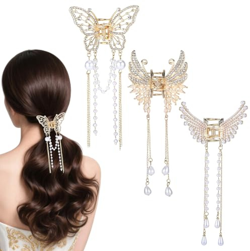 3 Stück Haarklammer Schmetterling,Elegante Haarspangen Damen aus Metall mit Strasssteinen,Kleine Haarschmuck mit Perlenquasten für Damen und Mädchen,Kommunion,Abschlussball,Geburtstagsfeier(Stil 2)