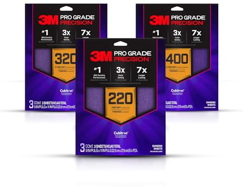 3M Pro Grade Precision Faster Sanding Sheets, NO-Slip Grip Backing, Assorted Grits 220/320/400, 9 x 11, 3 Sheets Each, 9 Total