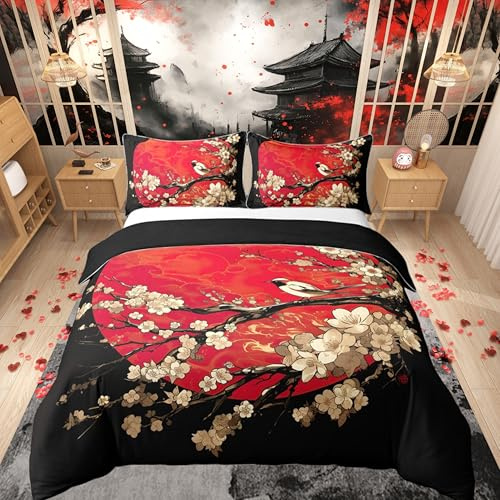 richhome Japonais Ukiyoe Thème 100% Coton Parure de Lit pour Enfants Adultes Filles Femmes Style Japonais Housse de Couette 240x260cm Fleurs de Cerisier Ensemble de literie