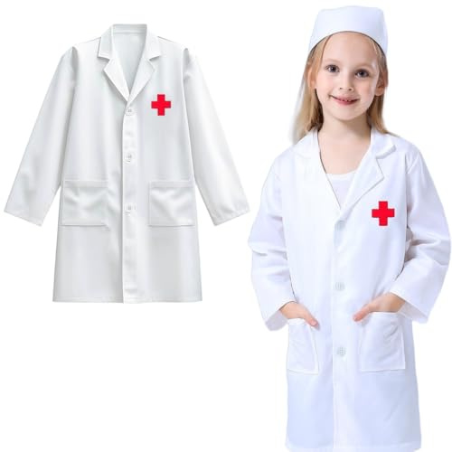KEWUF Kinder Arztkittel Baumwolle Laborkittel für Kinder, Größe 140, Weiß, Unisex, Langarm, Klassisch