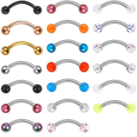 Yolev 20pcs 16g Eyebrow Piercing Jewelry Stainless Steel Curved Barbell Eyebrow Rings Vertical Labret Lip Rook Piercing Jewelry Tragus Lip Rings For Women Men 10mm