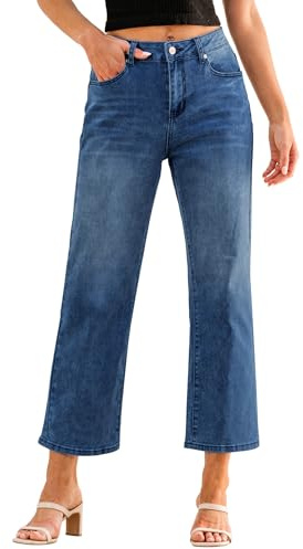 Roskiky Cropped Jeans for Women UK High Waisted Straight Leg Stretchy Denim Capris Pants with Pockets