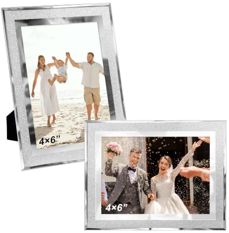 FramePro 2 Pack 4x6 Picture Frame Glass Wedding Family Photo Frame Crystal Glitter for Office Home Decoration Tabletop-Sliver