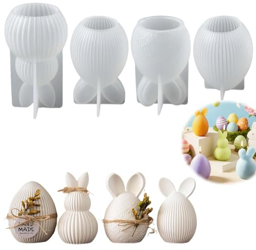 DOVBAN 4pcs Moldes De Conejito Pascua,Molde Para Velas Des Conejito Pascue,3D Moldes De Silicona Velas Perfumadas Para Regalos Pascua