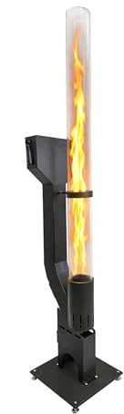 APANA Pelletfackel Flame Feuerrohr für Holzpellets Outdoor Feuerfackel Gartenfackel mit hitzebeständiger Glasröhre bis 450°C, Stahl schwarz pulverbeschichtet, Schaufel-Abdeckung für sauberes Befüllen