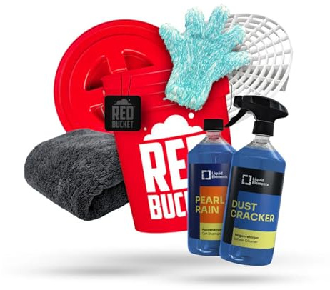 REDBUCKET Autowäsche Set 8-tlg., Wascheimer 20L, Classique Rot, Autoshampoo | inkl. Pro Glove Waschhandschuh, Felgenreiniger, Trockentuch & Lufterfrischer, Autopflege Set