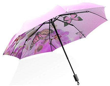 ISAOA Automatischer Reise-Regenschirm, kompakt, faltbar, mit rosa Schmetterlingen auf Blume, winddicht, ultraleicht, UV-Schutz, Regenschirm für Damen und Herren