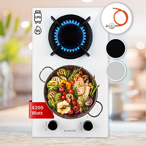 Klarstein Cocina de Butano, Placa 2 Fuegos 4200W, Vitrocerámica Integrada para Cocina, Encimera de Fogones con Base de Vidrio y Acero Inoxidable