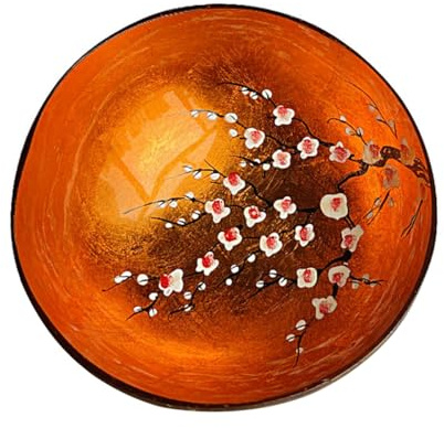 YEASQGS Hand Painted Floral Coconut Bowls Natural Coconut Shell Bowl Decorative Key Storage Bowl Candy Container Nuts Holder (Orange, 1)