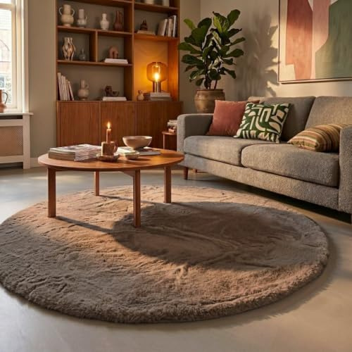 Hochflor Teppich Rund - Comfy Supreme Taupe - Ø 120 cm | Shaggy, Einfarbig - Ländlich, Modern, Skandinavisch - Wohnzimmer, Esszimmer, Schlafzimmer - Fellteppich