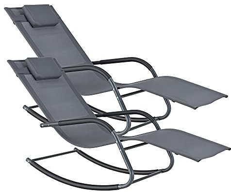 [en.casa] Set di 2 Sedie Sdraio a Dondolo da Giardino Lettini Prendisole con Cuscino Poggiatesta Rimovibile e Braccioli per Esterni 147x63x89 cm Balcone Terrazza Spiaggia - Grigio Scuro
