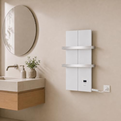 Finesa-D Badheizkörper elektrisch mit Thermostat 600×408 mm | 400 W – Flacher Paneel Design Handtuchheizkörper – Weiß – energiesparend – 5 Jahre Garantie