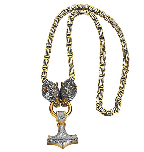 OIDEA Viking Necklace for Men - Wolf Head with Thor Hammer Mjolnir Pendant Necklace, Stainless Steel, 22'' King Chain, Amulet Norse Jewelry Gift - Silvergold