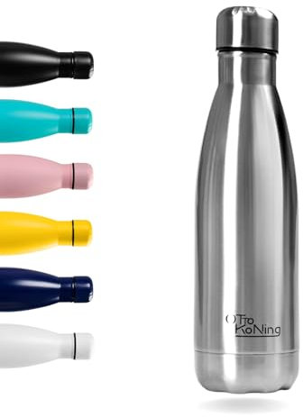 Borraccia Termica in acciaio inox-Otto Koning. Mantiene le bevande fredde per 24 ore e quelle calde per 12 ore. Bottiglia thermos a prova di perdite, senza BPA (500ML, Argento)