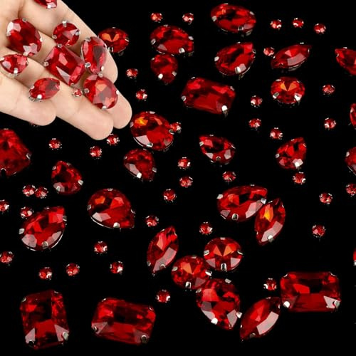 GEFIRE 186 Pcs Strasssteine zum Aufnähen 7 größen Schmucksteine Diamant Glas Kristall Strass Strasssteine Kleidung Strasssteine Kleidung Handgenähtes Diamant-Zubehör für DIY-Kleidung (Rot)