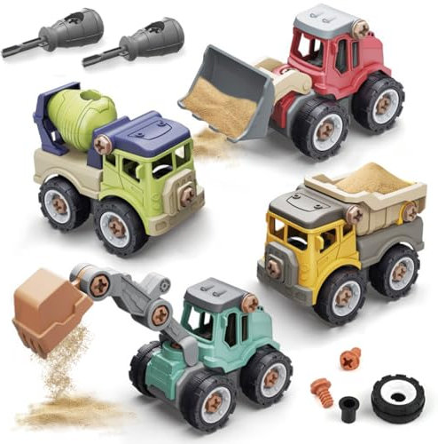 Bagger Spielzeug ab 3 4 5 Jahren, Baustellenfahrzeuge Kinder, 4 in1 Sandspielzeug Bagger, Spielzeugautos Bagger Sandkasten, Zerlegen Spielzeug DIY Baufahrzeuge Lernspielzeug für Jungen Mädchen Kit 2