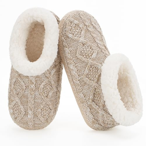 cosyone1997 Cable Knit Slipper Socks for Women with Grippers Fuzzy Sherpa Fleece Lined Indoor Bootie Slippers Size 7-8