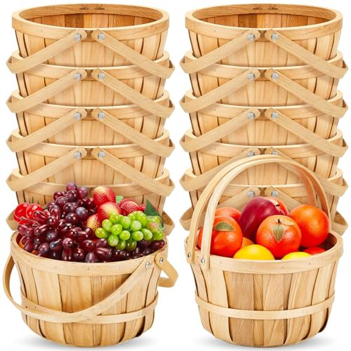 Marsui 10 Stück 27,9 x 16,5 cm große runde Holzkörbe, Apfelkörbe, Obststrauchkörbe, Bauern, Herbsternte, tragbarer Gartenkorb mit Griff zur Aufbewahrung, Organisation persönlicher oder gewerblicher
