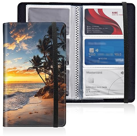 Mxfdegf Business Card Holder Book, PU Leather Business Card Book Organizer Journal Name Card Book Holder with Elastic Closure Hold 240 Cards,Name Card Holder for Men & Women,Sunset Beach