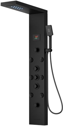 BATHLAVISH Black Shower Panel Tower System Stainless Steel LED Rainfall Waterfall Shower Head 5-Function Faucet Rain Massage System Wall Mount with 8 Body Jets, Handheld, and Tub Spout