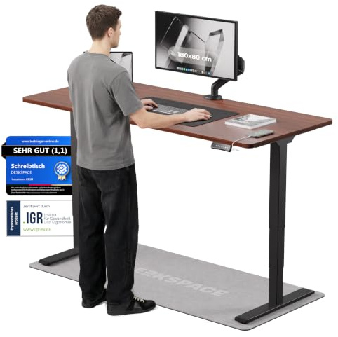 DESKSPACE PRO Plus Elektrisch höhenverstellbarer Schreibtisch (180x80 cm) | Bürotisch mit Kollisionsschutz, Memory-Funktion, USB-Anschluss, 10 Jahre Garantie (Gestell schwarz, Tischplatte Mahagoni)