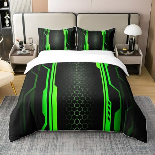 richhome Grüne Honigwabe 100% Bio-Baumwolle Tröster Abdeckung Geometrische Hexagon Bettbezug Set 200x200 für Schlafzimmer Abstrakt Ombre Moderne Mode Bettwäsche Set mit 2 Kissenbezügen